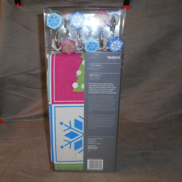 Style Selections Christmas Shower Curtain w/Snowflake Hooks Pink. Blue, Green - Picture 8 of 9